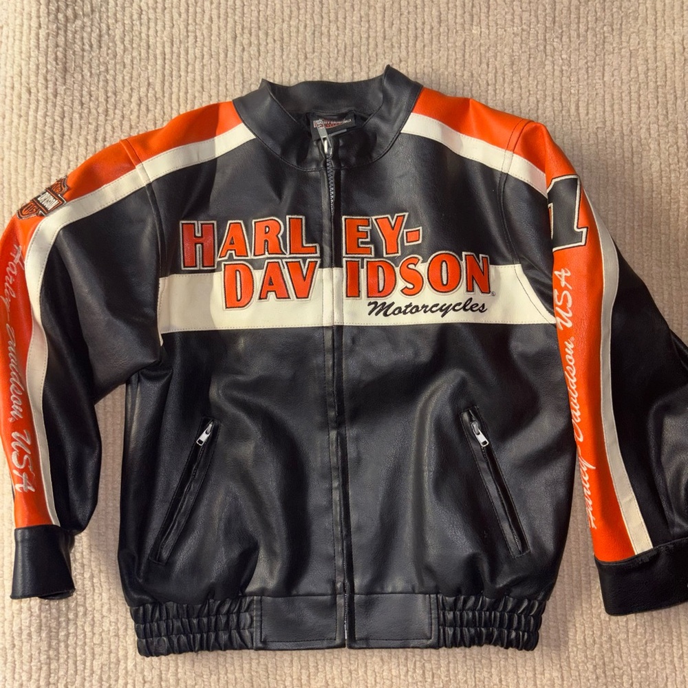 Harley-Davidson Black and White Leather Jacket with Orange Logo